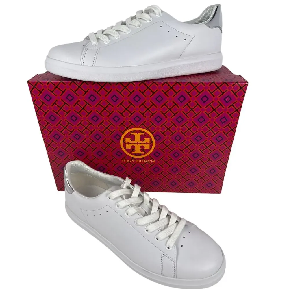 Tory Burch Howell Court Sneaker Women's Size 9 Low Top Leather White/Silver Logo
